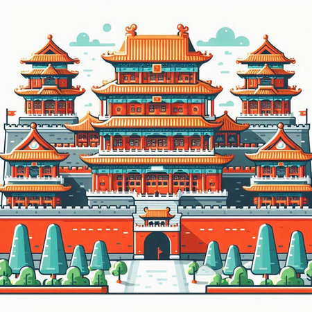 Chinese ancient building in cartoon style. Vector illustration on white background.のイラスト素材