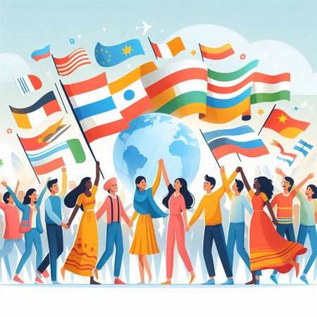 People holding flags of different countries. Vector illustration in flat style.のイラスト素材