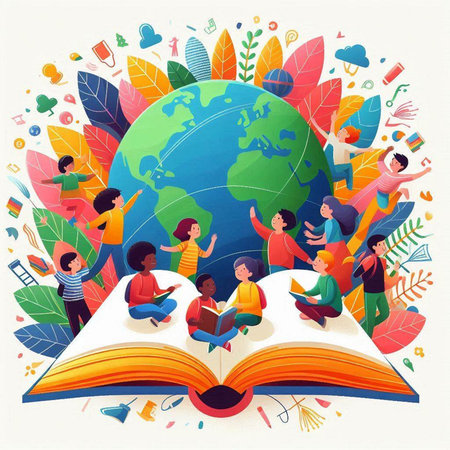 Vector illustration of kids reading a book around the globe. Back to school.のイラスト素材