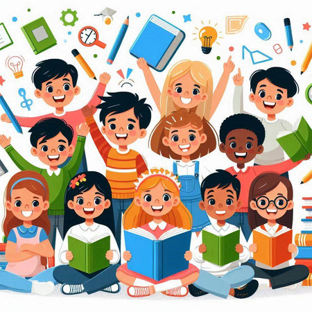 Group of happy kids with books and other school supplies. Vector illustration.のイラスト素材