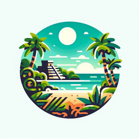 Summer beach with palm trees. Vector illustration in a flat style.のイラスト素材