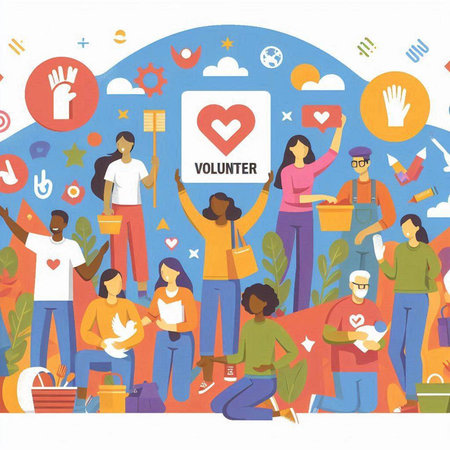 Volunteer concept. Group of people with different occupations. Vector illustrationのイラスト素材