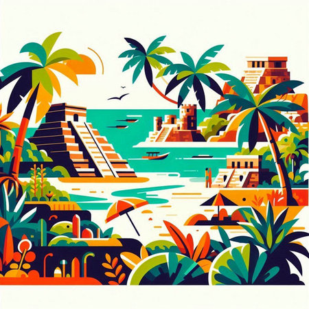 Tropical island with palm trees. Vector illustration in flat style