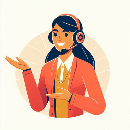 Vector illustration of a customer service agent in a red suit with headphones.のイラスト素材