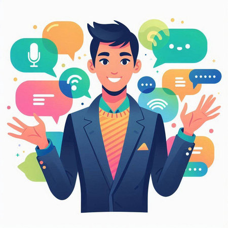 Young man with speech bubbles. Vector illustration in flat cartoon style.のイラスト素材