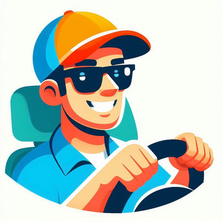 Vector illustration of a man in a cap and sunglasses holding a steering wheel.のイラスト素材