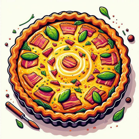 Illustration of a pie with meat and vegetables on a white backgroundのイラスト素材