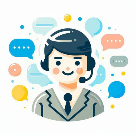 Call center operator with speech bubbles. Vector illustration in flat style.のイラスト素材