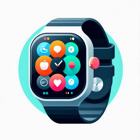 Smart watch with colorful app icons on the screen. Vector illustration.のイラスト素材
