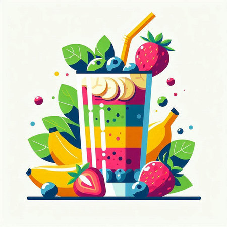 Fruit smoothie with strawberries, bananas, blueberries and mint. Vector illustration.のイラスト素材