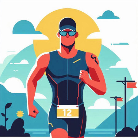 Vector illustration of a triathlon athlete running at the finish line.のイラスト素材