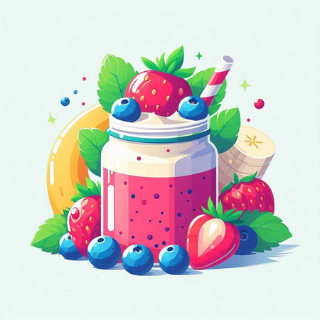 Strawberry and blueberry smoothie in a jar with straws. Vector illustration.のイラスト素材