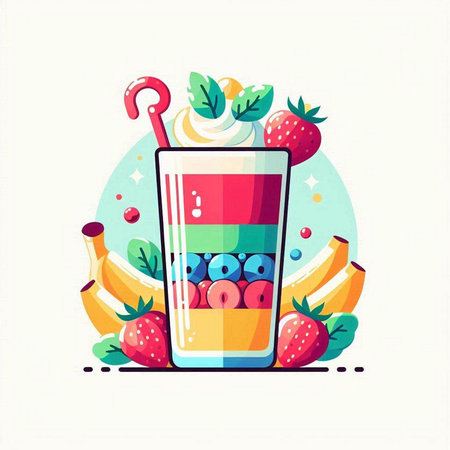 Fruit smoothie in a glass with strawberries, bananas and ice cream. Vector illustration.のイラスト素材