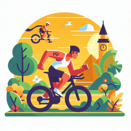 Cyclists in the park. Vector illustration in flat style.のイラスト素材