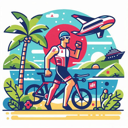 Cyclist on the beach. Vector illustration in flat style.のイラスト素材