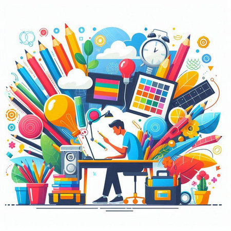 Creative school concept. Back to school. Flat design vector illustration.のイラスト素材