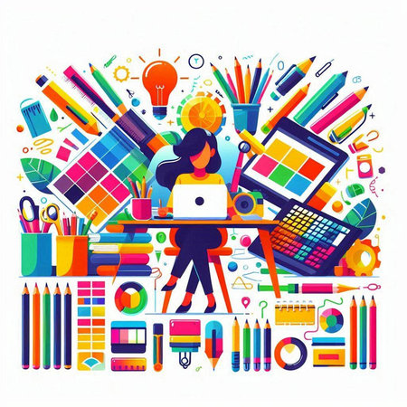 Vector illustration of girl working on laptop at office. Back to school concept.のイラスト素材