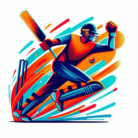 Cricket player with a bat in action, vector illustration.のイラスト素材