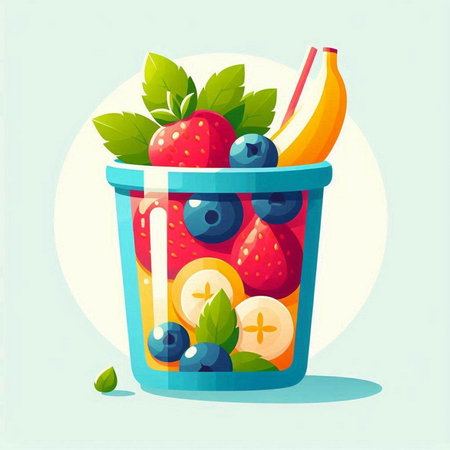 Fruit salad in a glass. Vector illustration in flat style.のイラスト素材