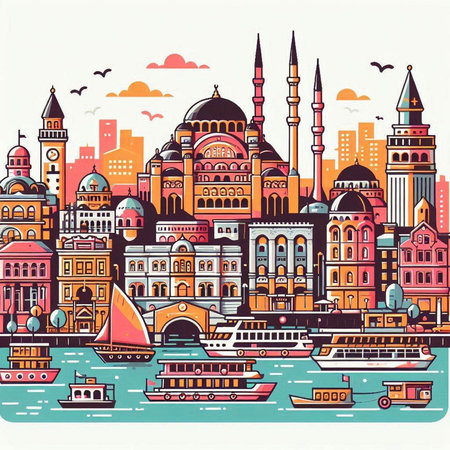 Cityscape of Istanbul, Turkey. Vector illustration in flat style.