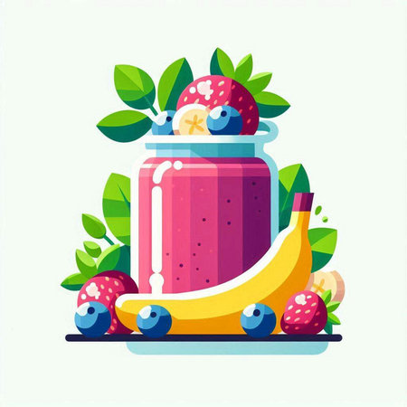 Banana smoothie in a jar with berries and fruits. Vector illustration.のイラスト素材