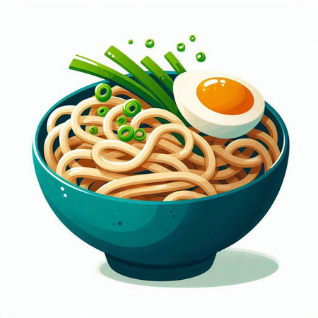 Illustration of a bowl of udon noodles with green onions and eggのイラスト素材