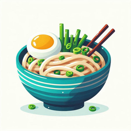 Bowl of noodle soup with egg and green onions. Vector illustration.のイラスト素材