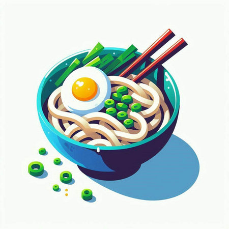 Bowl of noodle with egg and chopsticks. Vector illustration.