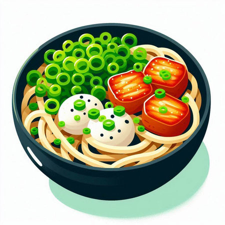 Illustration of a bowl of Japanese ramen noodles with fresh vegetablesのイラスト素材