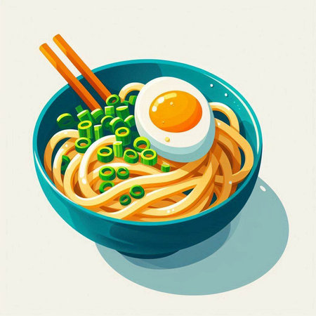 Bowl of noodle with egg and green onion. Vector illustration.