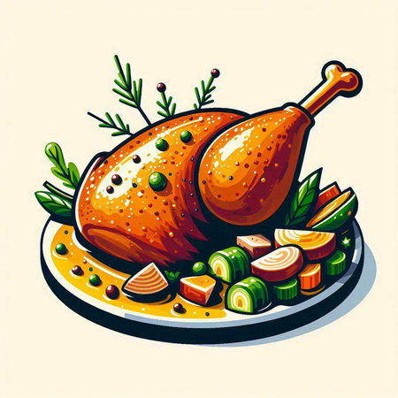 Illustration of a roasted turkey on a plate. Vector illustration.のイラスト素材