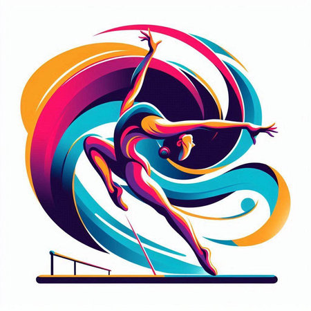 Beautiful young woman doing gymnastics on a colorful background. Vector illustrationのイラスト素材