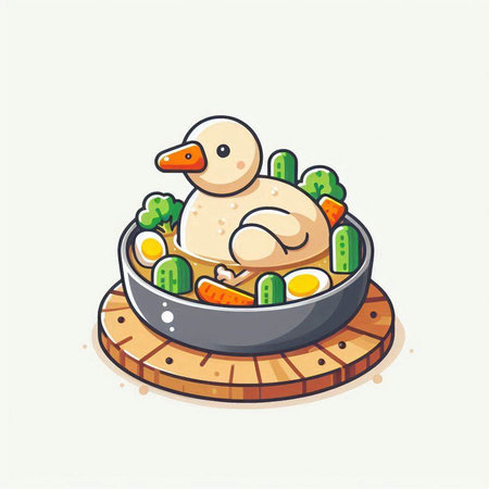 Illustration of a duck in a pan with vegetables on a white backgroundのイラスト素材