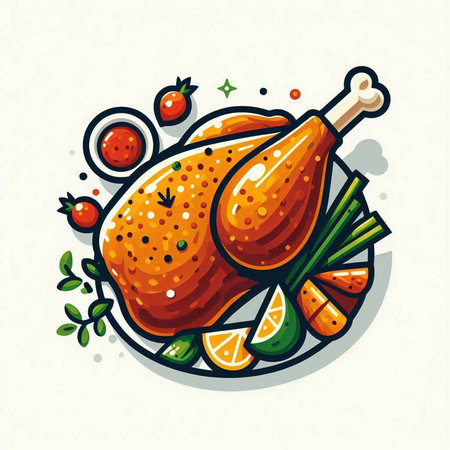 Illustration of roasted chicken with vegetables on white background. Vector illustration.のイラスト素材