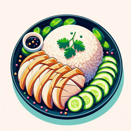 Illustration of a bowl of rice with grilled chicken and cucumberのイラスト素材