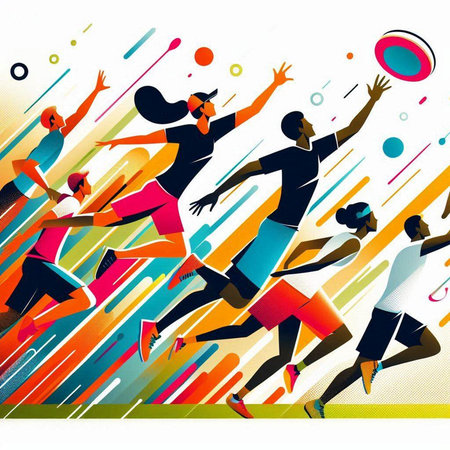 Group of young people playing volleyball. Colorful vector illustration with silhouettes of people.のイラスト素材