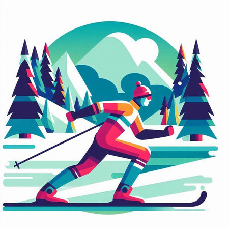 Vector illustration of skier skiing in the mountains. Winter sport.のイラスト素材
