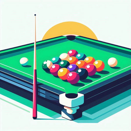 Billiard table with balls and cue. Vector illustration in retro style