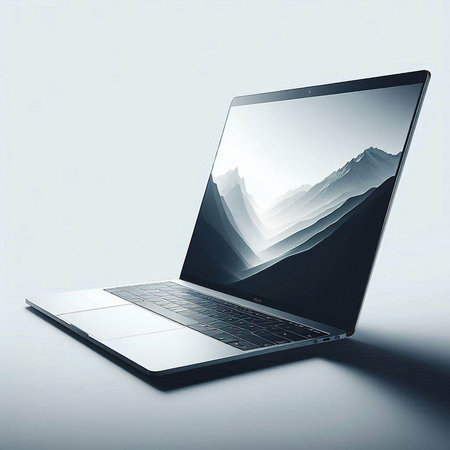Laptop with mountains on the screen on a white background. 3d rendering