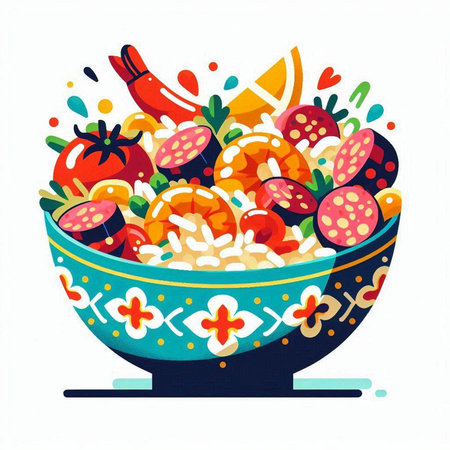 Pomegranate and rice salad in a bowl. Vector illustration.のイラスト素材