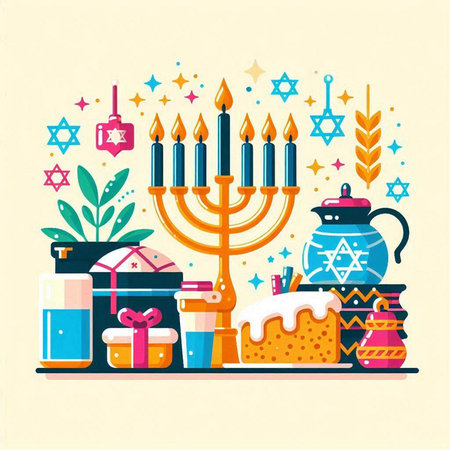 Hanukkah flat design illustration. Happy Hanukkah greeting card with menorah, candelabra, kippah, donuts, candles and gifts.のイラスト素材