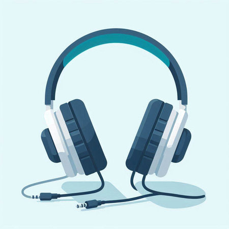 Headphones with cable isolated on blue background. Vector illustration in flat style.のイラスト素材