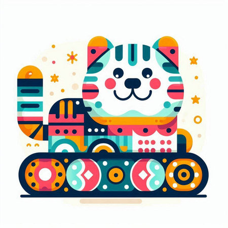 Cute cat on a conveyor belt. Vector illustration in flat style.のイラスト素材