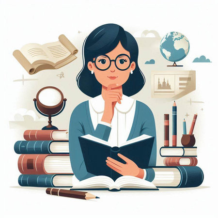 Vector illustration of a girl reading a book on the background of books.のイラスト素材