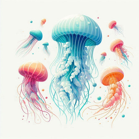 Jellyfish and jellyfishes on white background. Vector illustration.