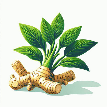 Ginger root with leaves isolated on white background. Vector illustration.のイラスト素材