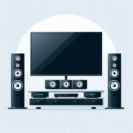 Home theater system with speakers and tv on a white background. Vector illustration.のイラスト素材