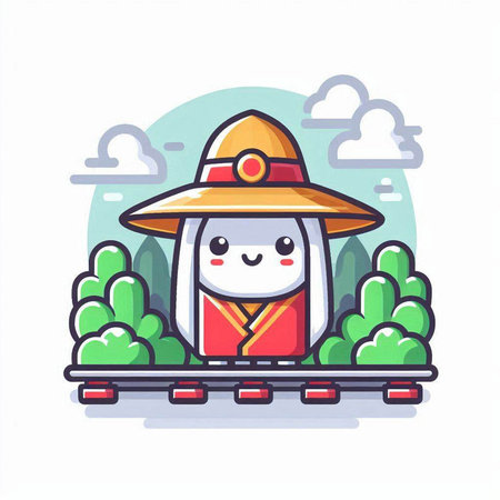 Kawaii Chinese man in traditional costume with train. Vector illustration.のイラスト素材