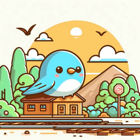 Cute bird on the roof of the house. Vector illustration.のイラスト素材