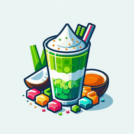 Matcha green tea in a glass with ice cubes. Cartoon vector illustration.のイラスト素材
